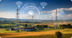 a rural scene with graphics of wireless connection